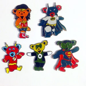 Dancing DC bears hat pins set, batman, superman, wonder woman, the flash, green lantern, hippie, hat pin, music festivals, justice league