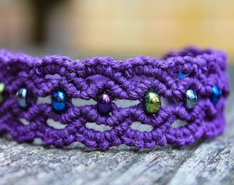 Purple micro macrame hemp bracelet with irridescent metallic glass beads, hemp jewelry, hemp bracelet, hippie, hippy, boho, macrame jewelry