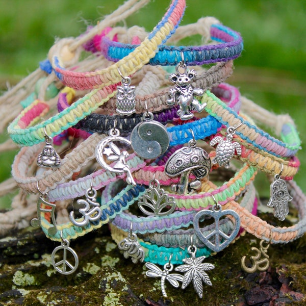 Custom multicolored hemp bracelet, charm bracelet, hemp jewelry, macrame, hippie, mushroom, lotus, peace sign, dragonfly