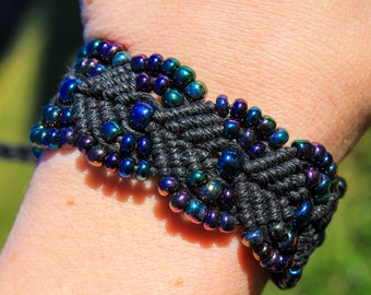 Black hemp bracelet cuff with glass beads, macrame, micro macrame, hippie, boho, bohemian, hemp jewelry