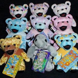 7th Generation Liquid Blue Grateful Dead plush bear, beanie bear, hippie, dead tour, Summer tour, sunflower, stealie, turtle, peace sign