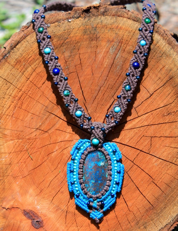 Chrysocolla Macrame Hemp Necklace Micromacrame Hemp Jewelry