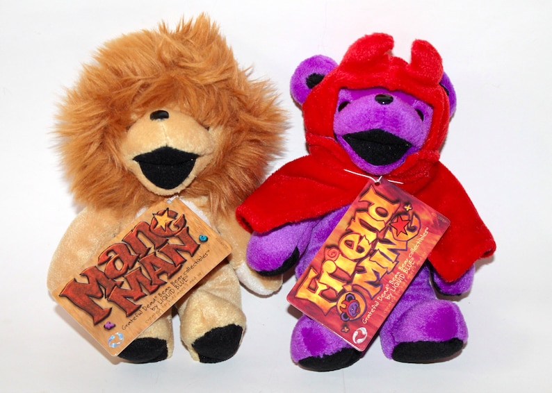 Puede incluir: Dos osos de peluche, uno con una melena de le&oacute;n marr&oacute;n y el otro con una capa roja y pelaje morado. El oso le&oacute;n tiene una etiqueta que dice "Mane Man" y el oso morado tiene una etiqueta que dice "Friend of Mine".