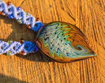 Periwinkle micro macrame hemp necklace with handblown glass wigwag pendant and glass beads, hippie, hemp jewelry, boho, bohemian