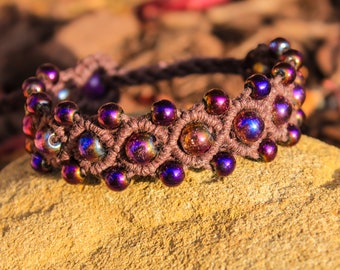 Brown and purple macrame hemp bracelet with glass beads, micro macrame, hippie, boho, bohemian