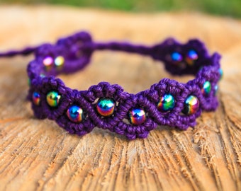 Purple hemp bracelet with rainbow hematite beads, macrame jewelry, hemp jewelry, hippie, hippy, boho, bohemian, micro macrame