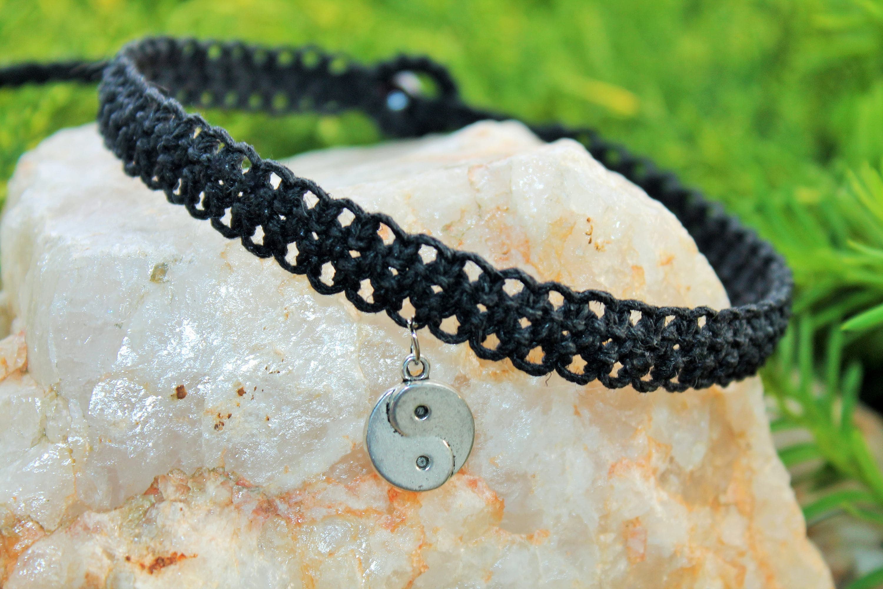 BEACH HEMP JEWELRY Black Lava Rock Bead Hemp Choker Necklace Handmade In USA 