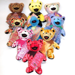 Sixth Generation Vintage Grateful Dead plush bear, beanie bear, Liquid Blue, terrapin turtle, American Beauty, Lazy Lightening, hippie
