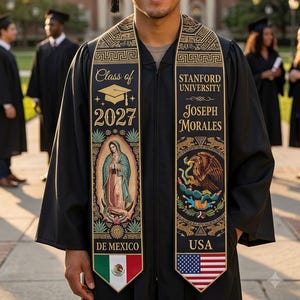 Mexico Stole Class of 2027, Custom Stanford Name Graduation Sash, Virgen de Guadalupe Two Flag Grad Stole, Aztec Senior Graduate Gift