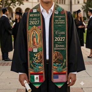 Mexican Flag Graduation Sash Class of 2027, Custom Name & School Grad Stole, USC Two Flag College Regalia, Hispanic Male Senior Gift