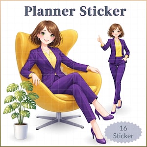 Könnte beinhalten: Digitaler Planer-Aufkleber mit einer Frau in einem lila Anzug und einer gelben Bluse. Die Frau sitzt in einem gelben Stuhl und steht, mit einem Daumen hoch. Das Bild enthält den Text "Planner Sticker" und "16 Sticker".