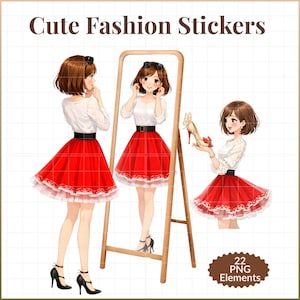 Shopping Girl Sticker Bundle | Cute Fashion Planner Stickers | GoodNotes Stickers PNG | Kawaii Digital Sticker Pack | Red Skirt Girl Clipart