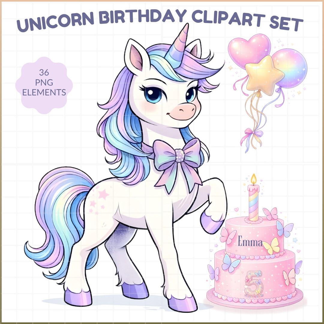 Unicorn Birthday Clipart Bundle I Girl Birthday I Princess Party PNG I ...