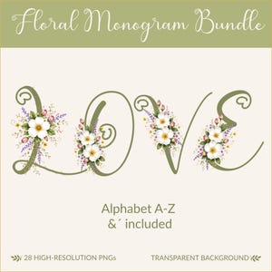 May include: A floral monogram bundle featuring the word "LOVE" in a decorative font. Each letter is adorned with white flowers, purple and yellow accents. The text "Alphabet A-Z & included" is also present. The image includes the text "28 HIGH-RESOLUTION PNGS" and "TRANSPARENT BACKGROUND".