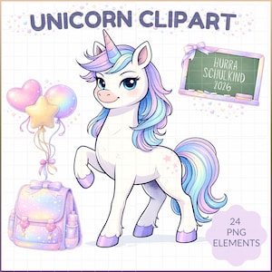 Könnte beinhalten: Digitale Illustration eines weißen Einhorns mit pastellfarbener Regenbogenmähne und -schwanz. Das Bild enthält einen Rucksack, Luftballons und eine Tafel mit Text. Oben steht der Text "Unicorn Clipart".