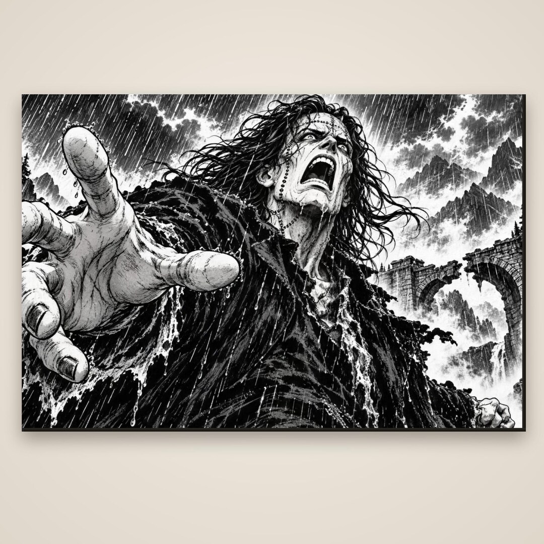 Monster Ink Drawind Gothic Monster Wall Art, Frankenstein's Creature Black and White Manga ...