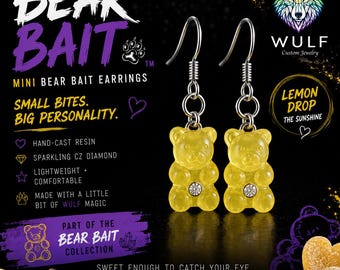 Bear Bait Lemon Drop Gummy Bear Earrings | Handmade Resin Bear Earrings with CZ Crystal | Pride Jewelry | LGBTQ Artist