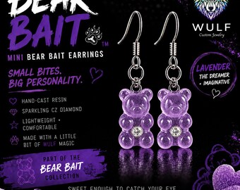 Lavender Gummy Bear Earrings | Bear Bait: The Dreamer | Handmade Resin Bear Earrings | Sparkling CZ Diamond | Pride Jewelry | LGBTQ Gift