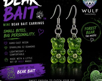 Bear Bait Forest Gummy Bear Earrings | Handmade Resin Bear Earrings with CZ Crystal | Nature Inspired Pride Jewelry | LGBTQ Artist