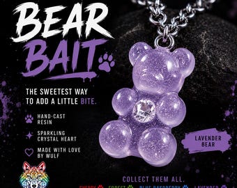 Lavender Gummy Bear Necklace | Bear Bait: The Dreamer | Handmade Resin Pendant | Crystal Heart Jewelry | Pride Gift | CZ Diamond Jewelry