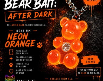 Neon Orange Gummy Bear Necklace | Bear Bait: After Dark | Glow-in-the-Dark Resin Pendant | Crystal Heart Jewelry | Pride Gift