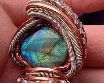 Labradorite Cabochon Pendant, Copper & Sterling Silver Wire Wrap Necklace