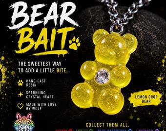 Yellow Gummy Bear Necklace | Bear Bait: The Sunshine | Handmade Resin Pendant | Crystal Heart Jewelry | Pride Gift