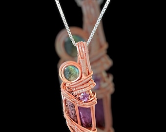Labradorite, Amethyst, and Dino Blood Copper Wire Wrapped Pendant.