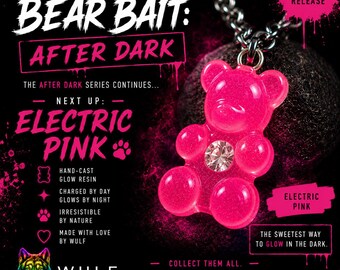 Electric Pink Gummy Bear Necklace | Bear Bait: After Dark | Glow-in-the-Dark Resin Pendant | Crystal Heart Jewelry | Pride Gift