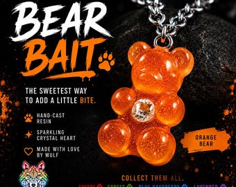 Orange Gummy Bear Necklace | Bear Bait: The Adventurer | Handmade Resin Pendant with Sparkling CZ Diamond | Pride Gift | WULF Custom Jewelry