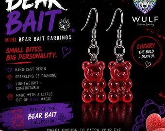 Bear Bait Cherry Gummy Bear Earrings | Handmade Resin Bear Earrings with CZ Crystal | Pride Jewelry | Cute Red Earrings