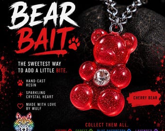 Red Gummy Bear Necklace | Bear Bait: The Flirt | Handmade Resin Pendant | Crystal Heart Jewelry | Cute Pride Gift