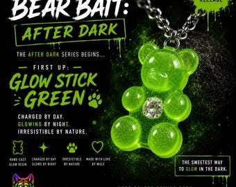 Glow Stick Green Gummy Bear Necklace | Bear Bait: After Dark | Glow-in-the-Dark Resin Pendant | CZ Diamond Jewelry | Pride Gift