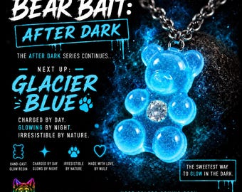 Glacier Blue Gummy Bear Necklace | Bear Bait: After Dark | Glow-in-the-Dark Resin Pendant | CZ Diamond Jewelry | Pride Gift