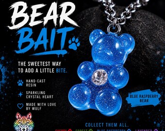Blue Raspberry Gummy Bear Necklace | Bear Bait: The Adventurer | Handmade Resin Pendant | Crystal Heart Jewelry | Pride Gift