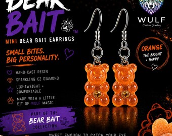 Orange Gummy Bear Earrings | Mini Bear Bait: The Adventurer | Handmade Resin Earrings with Sparkling CZ Diamond | Pride Jewelry | WULF