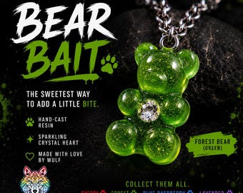 Green Gummy Bear Necklace | Bear Bait: The Wild One | Handmade Resin Pendant | Crystal Heart Jewelry | Nature Inspired Gift