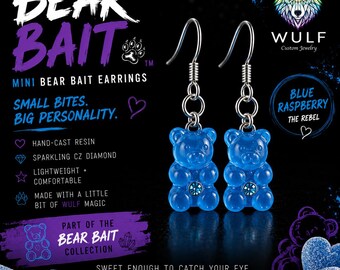 Bear Bait Blue Raspberry Gummy Bear Earrings | Handmade Resin Bear Earrings with CZ Crystal | Pride Jewelry | LGBTQ Artist