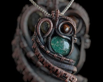 Oxidized Copper Owl Pendant - Moss Agate, Apatite & Tiger Eye