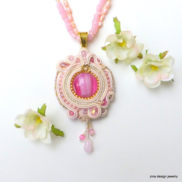 Pink Soutache Necklace, Pink Necklace, Soutache Necklace, Valentine Necklace with Pink Quartz and Pearls