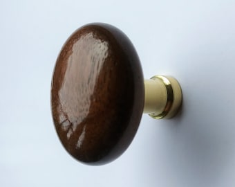 Classic Round Walnut Wood Cabinet Knob with Polished Brass Post