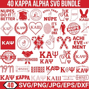 May include: A collection of 40 red and white Kappa Alpha Psi SVG graphics. The bundle includes various designs such as fraternity symbols, text, and illustrations, perfect for digital projects. The text includes "Nupes Do It Better" and "Brotherhood".