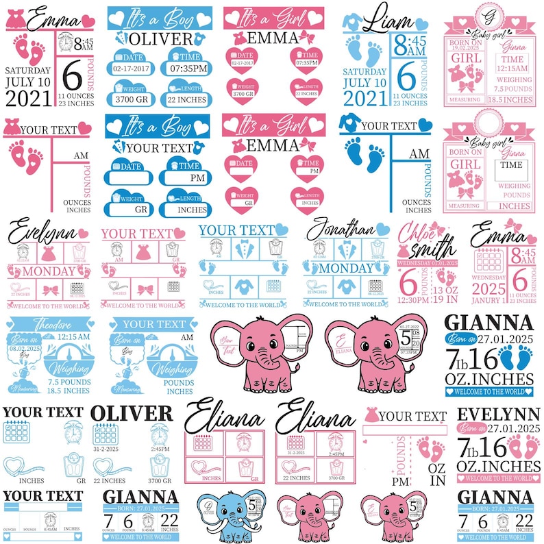 Birth Announcement SVG Bundle, Birth Stats Svg, Baby Stats Template ...