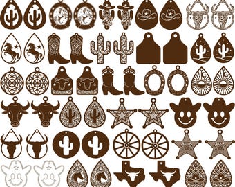 Western Earrings Laser Cut Svg Bundle, Glowforge Earrings Svg, Earring Svg, Wood Earrings Svg, Cowgirl Earrings, Western Ornament For Cricut
