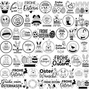 K&ouml;nnte beinhalten: Eine Sammlung von Ostermotiven in Schwarz und Wei&szlig;. Das Bild zeigt verschiedene kreisf&ouml;rmige und ovale Illustrationen mit Hasen, Eiern und Texten wie "Frohe Ostern" und "Happy Ostern". Die Designs eignen sich f&uuml;r Bastelarbeiten und Dekorationen.
