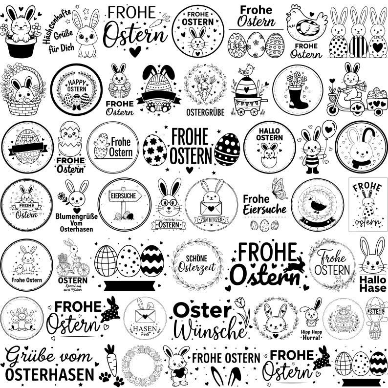 K&ouml;nnte beinhalten: Eine Sammlung von Ostermotiven in Schwarz und Wei&szlig;. Das Bild zeigt verschiedene kreisf&ouml;rmige und ovale Illustrationen mit Hasen, Eiern und Texten wie "Frohe Ostern" und "Happy Ostern". Die Designs eignen sich f&uuml;r Bastelarbeiten und Dekorationen.