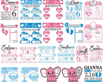 Birth Announcement SVG Bundle, Birth Stats Svg, Baby Stats Template, Baby Stats Chart Svg, Baby Keepsake Template Svg, Baby Girl For Cricut
