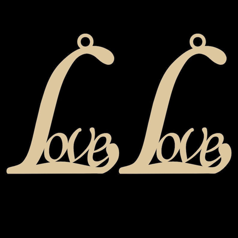 May include: Two wooden cutouts of the word "Love" in a cursive font. Each cutout has a loop at the top for hanging. The letters are a light tan color against a black background.