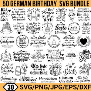 Könnte beinhalten: Ein digitales Download-Bundle mit 50 deutschen Geburtstag-SVG-Dateien. Die Schwarz-Weiß-Designs umfassen Geburtstagswünsche, Kuchenillustrationen, Geschenkboxen und florale Elemente. Das Bundle enthält SVG-, PNG-, JPG-, EPS- und DXF-Dateiformate.
