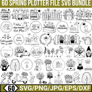May include: A black and white digital art bundle with 60 spring-themed designs. Includes floral wreaths, garden gnomes, bunnies, and text such as "Hello Spring" and "Frühlingsgarten". Formats include SVG, PNG, JPG, EPS, and DXF.